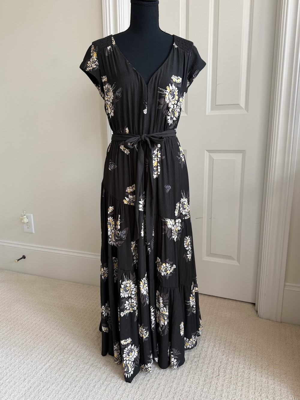 Free People All I Got Tiered Maxi Dress in Black and Yellow Floral, size US 4